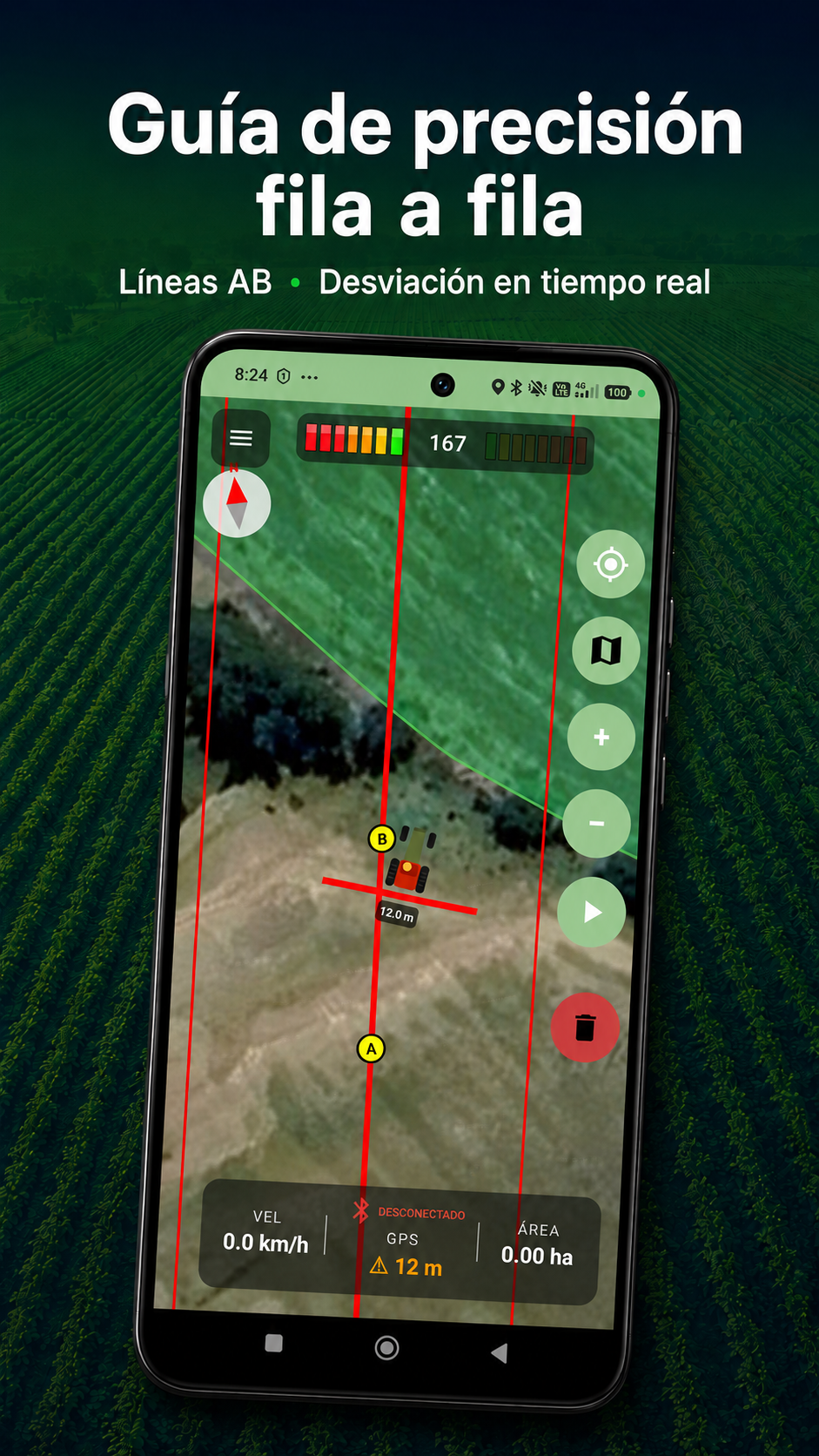 Pantalla principal de AgroTrack — navegación con líneas AB y desvío lateral en tiempo real