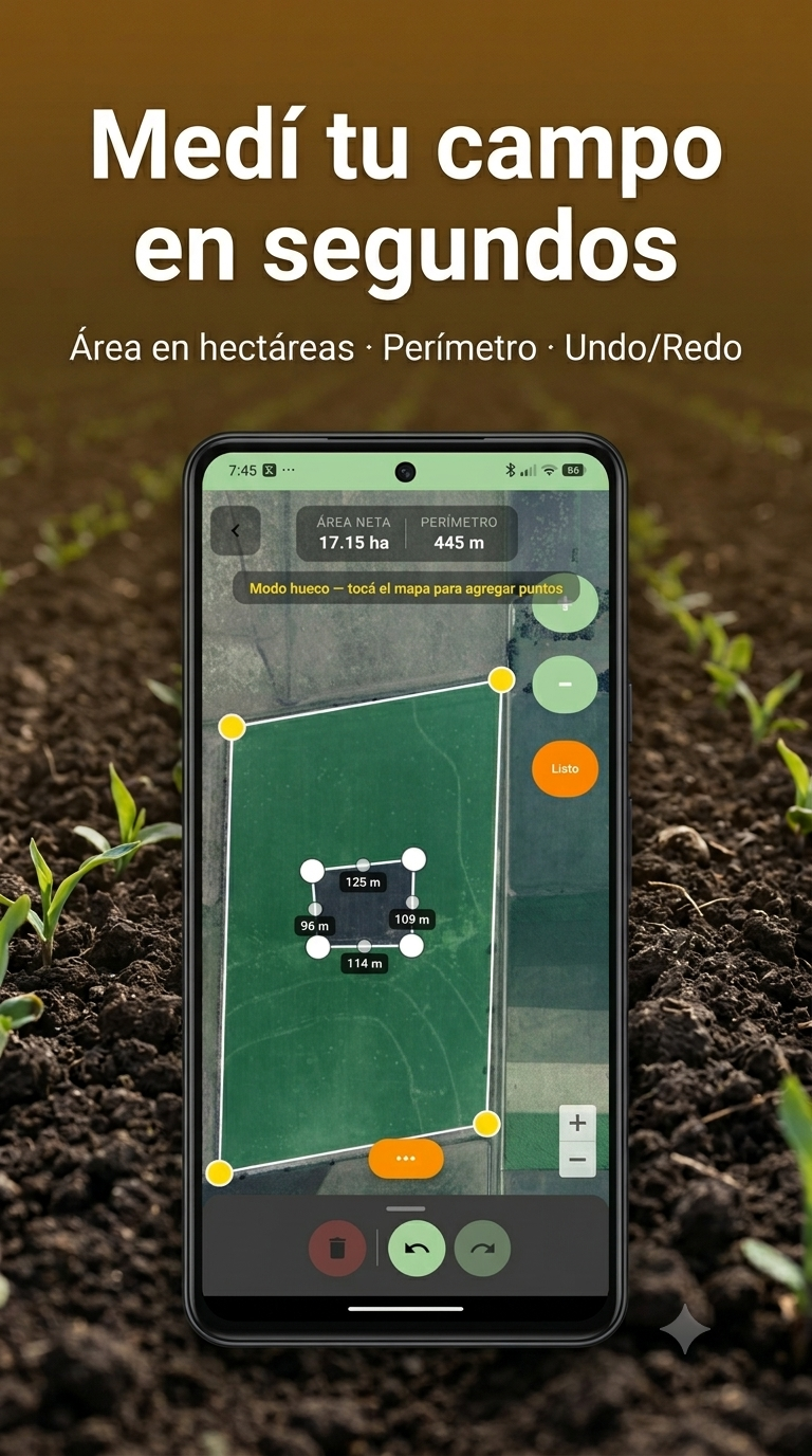 Pantalla de medición de campos en AgroTrack — área en hectáreas y perímetro